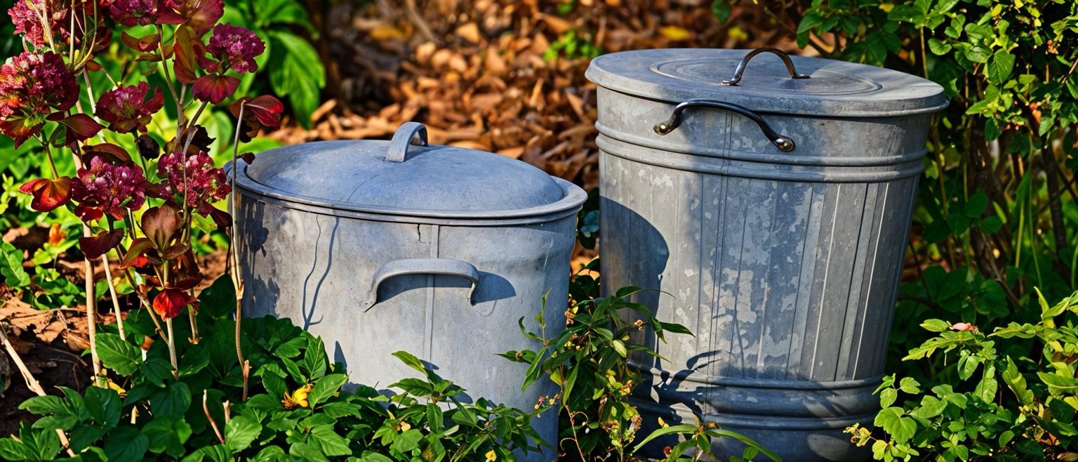 Deux poubelles métalliques dans un jardin entourées de plantes