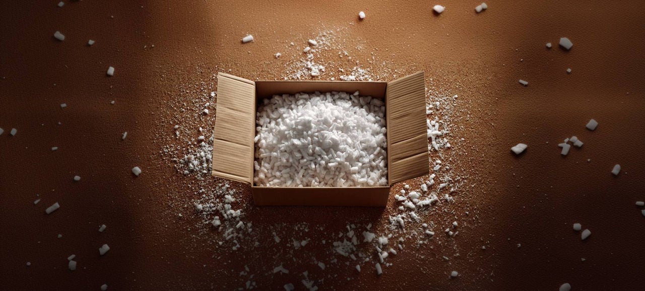 Carton ouvert rempli de polystyrene