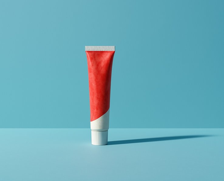 Un tube de dentifrice rouge et blanc est présenté sur un fond bleu