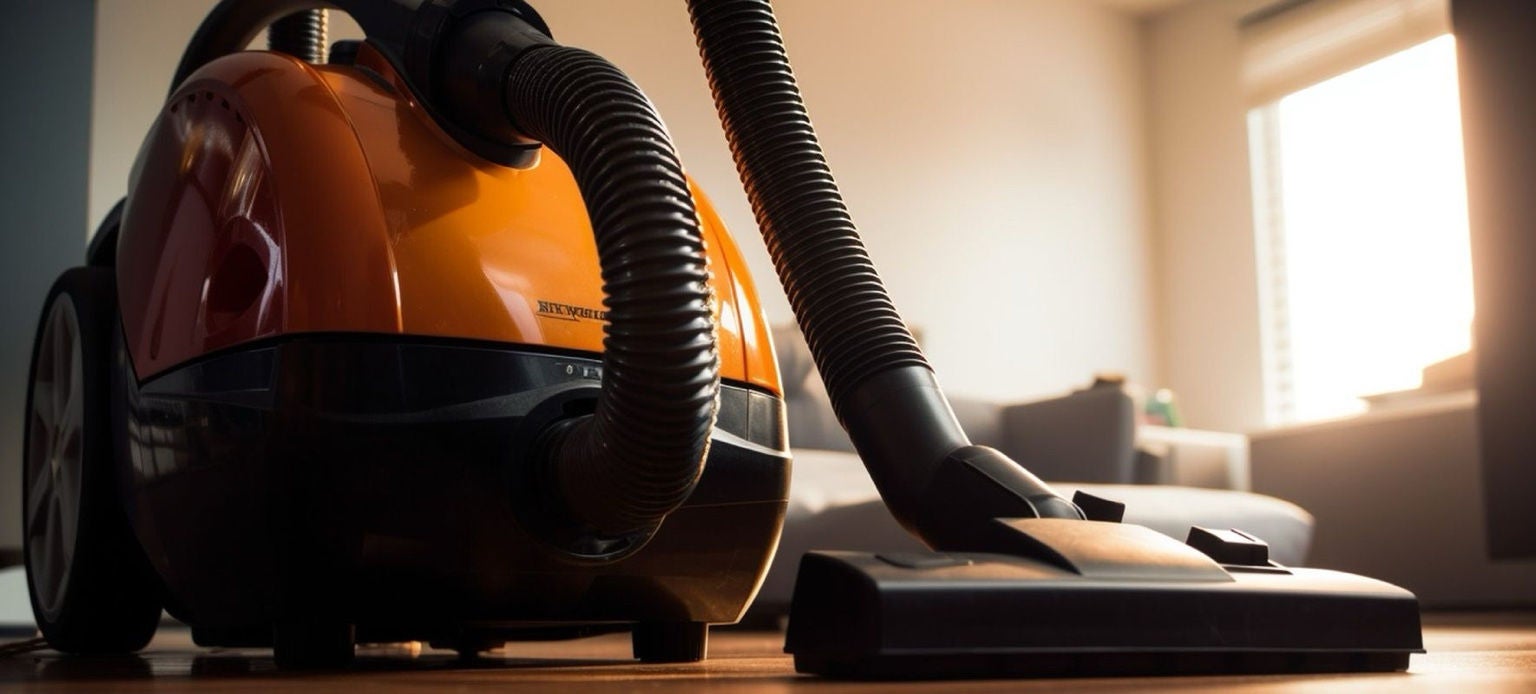 Un aspirateur traîneau orange est posé sur un parquet de salon lumineux