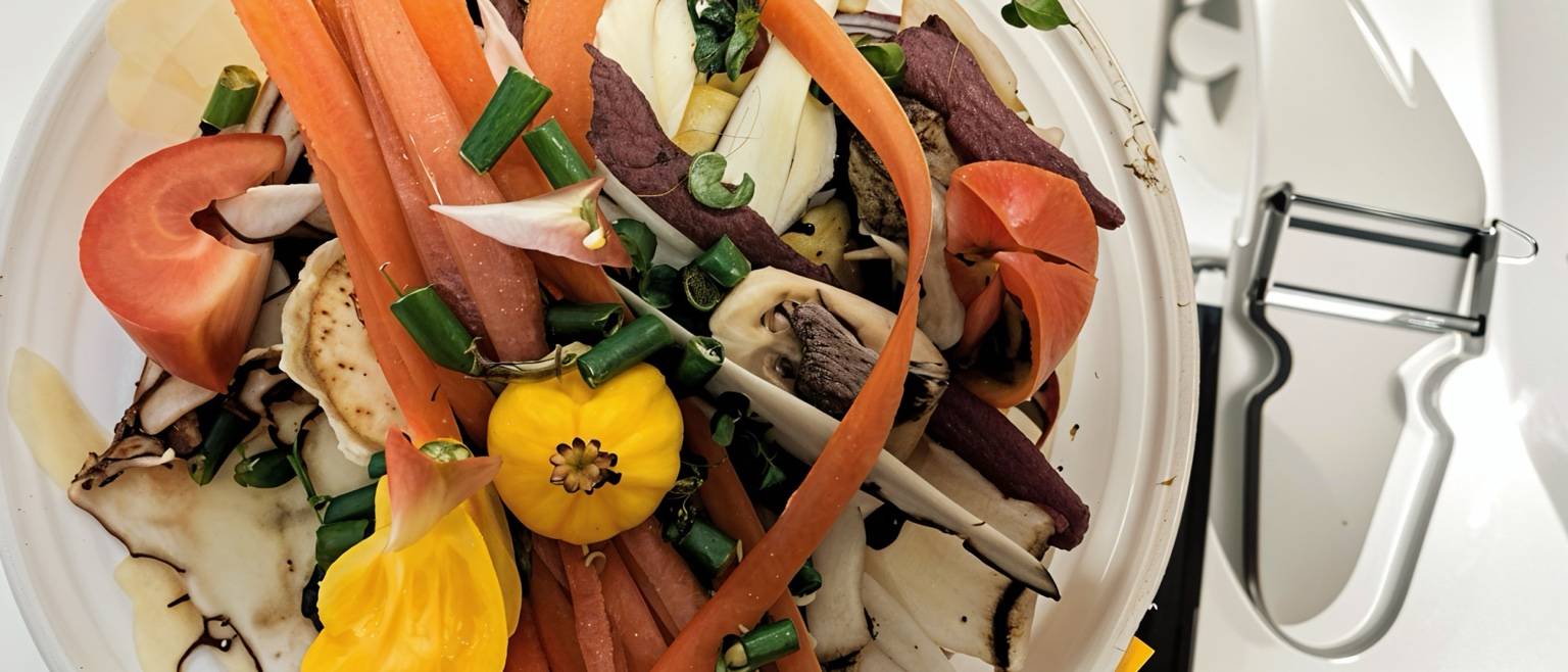 Épluchures de légumes variés placées dans un conteneur