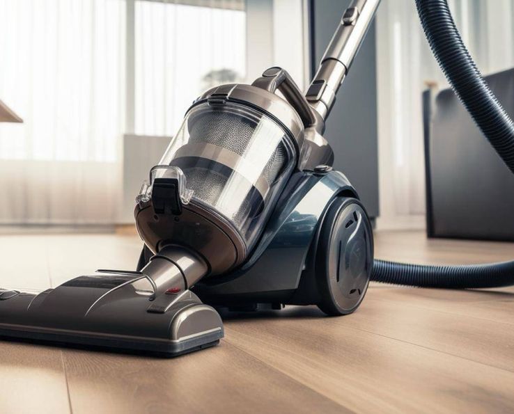Aspirateur cyclonique sur plancher bois dans un salon