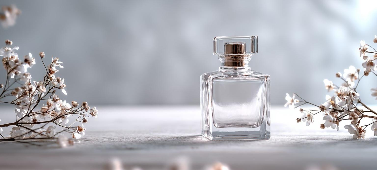 Bouteille de parfum en verre entourée de fleurs blanches délicates