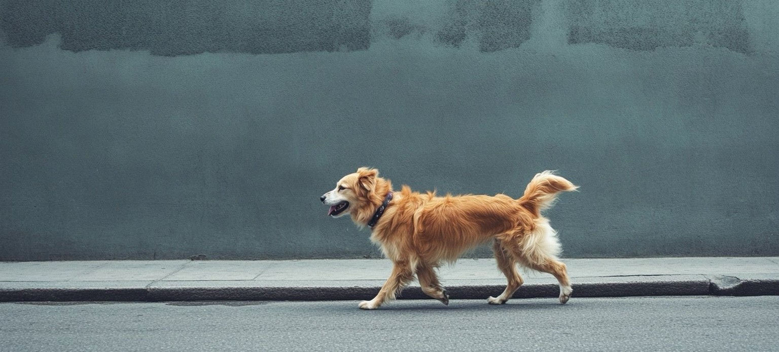 Chien marche sur un trottoir urbain devant un mur