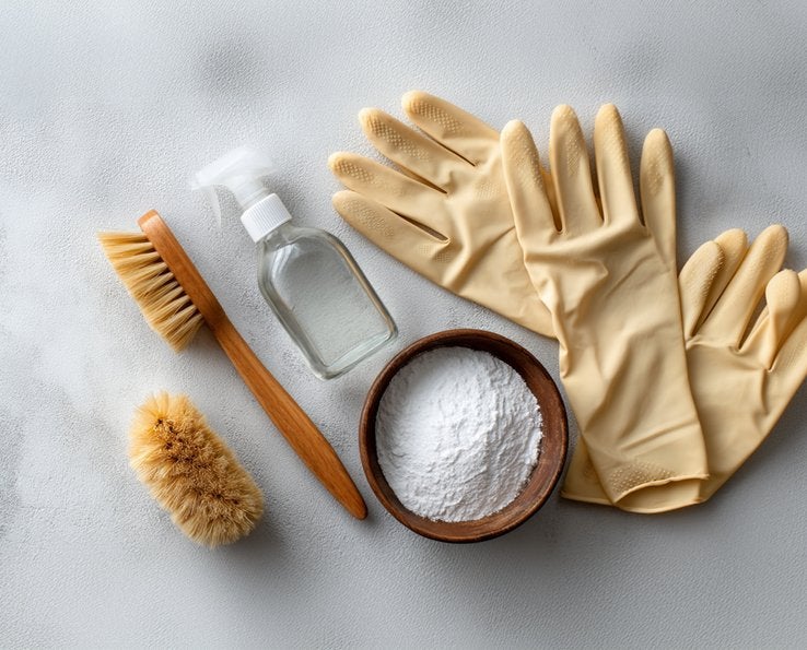 Kit de nettoyage avec gants, brosse, vinaigre et bicarbonate