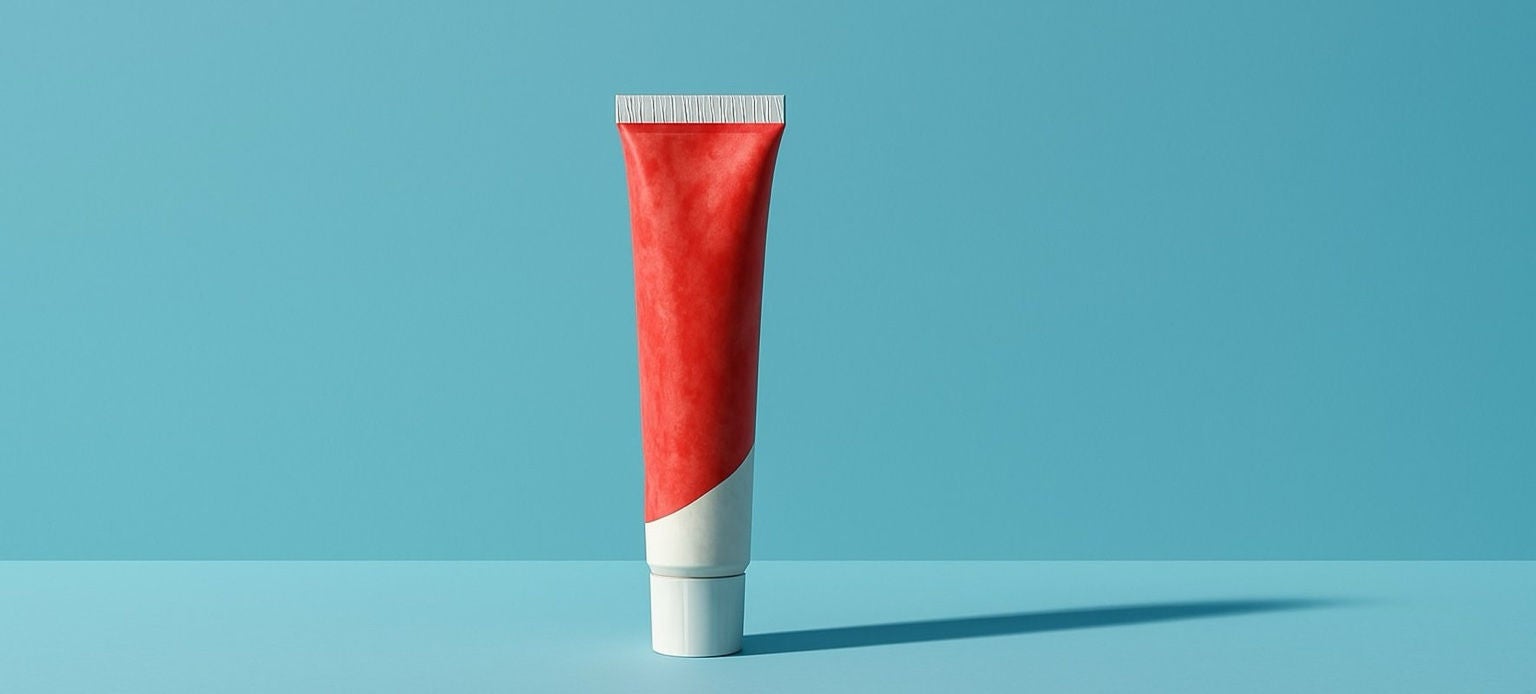 Un tube de dentifrice rouge et blanc est présenté sur un fond bleu