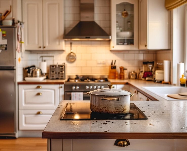 Cuisine intérieure avec une casserole posée sur une table de cuisson