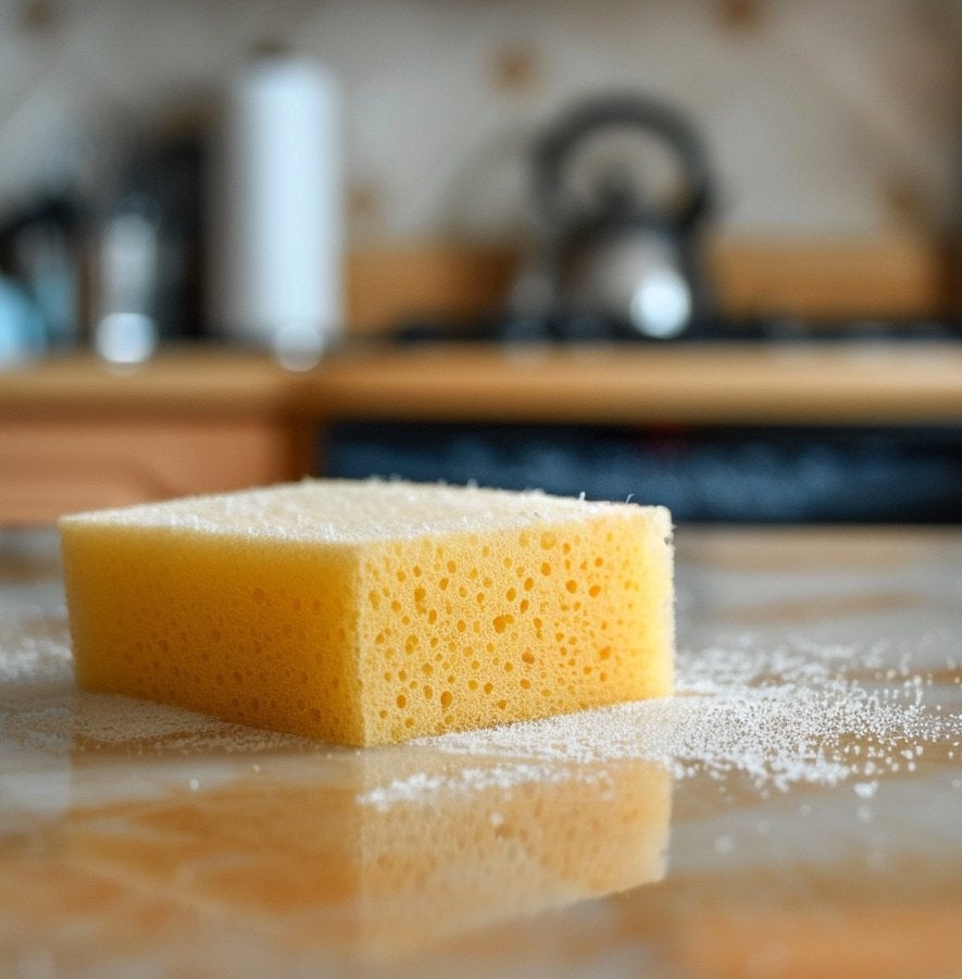 Éponge jaune mouillée sur un plan de travail de cuisine