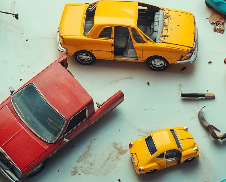 Voitures jouet vintage exposées sur une surface blanche