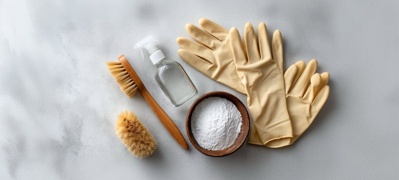 Kit de nettoyage avec gants, brosse, vinaigre et bicarbonate