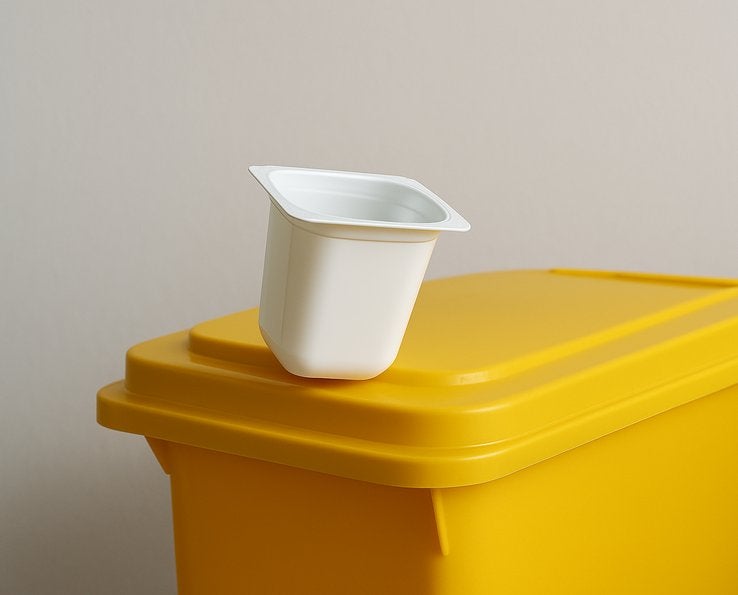 Pot en plastique blanc posé sur un sac poubelle jaune