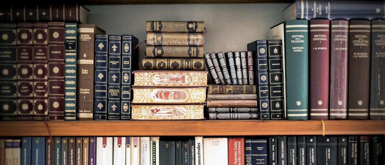 Etagère remplie de livres classiques aux reliures variées