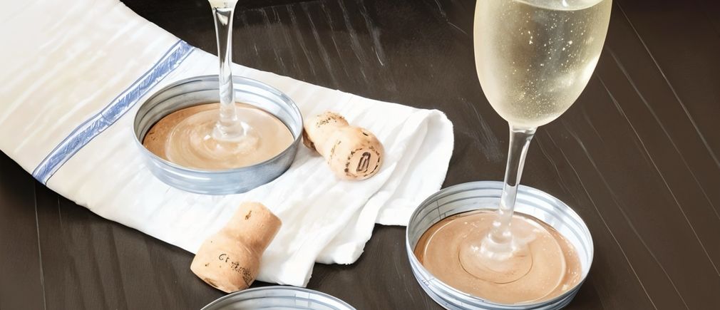 Verres à champagne posés sur des couvercles de bocal avec des bouchons en liège