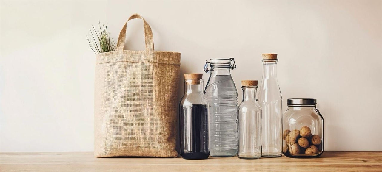 Sac cabas en toile avec bouteilles en verre et bocaux de biscuits