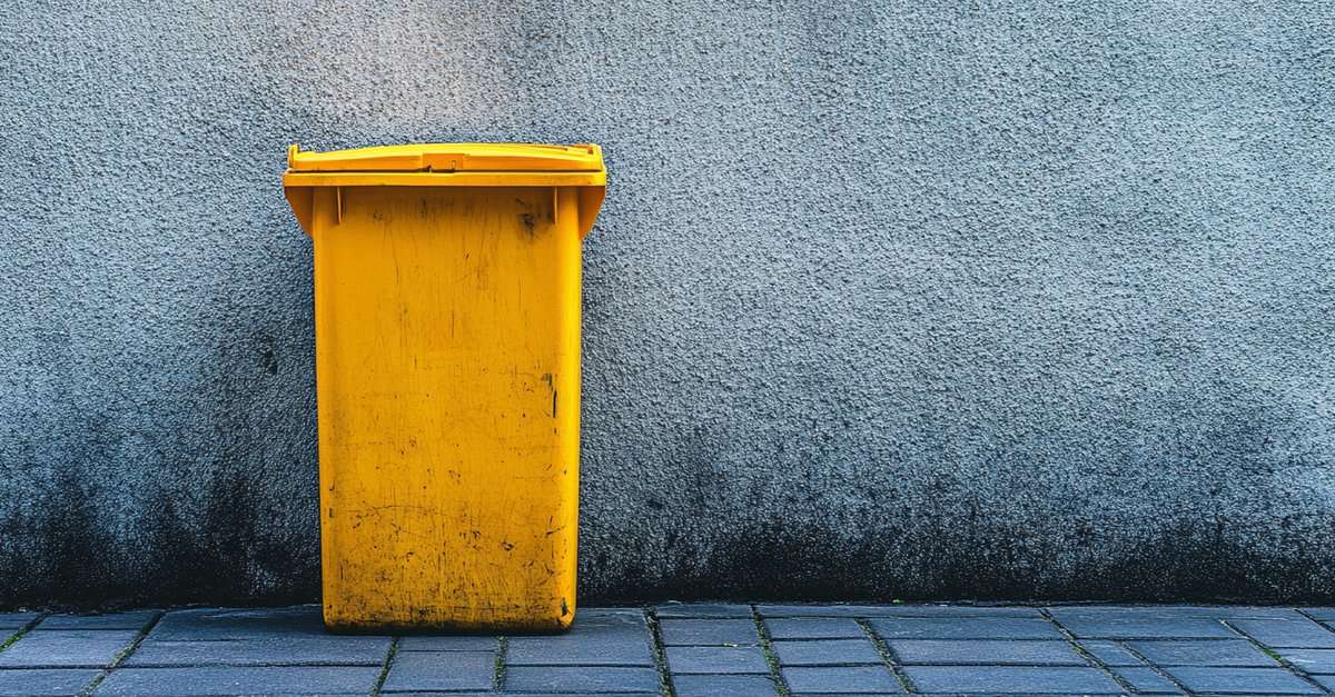 Poubelle jaune Handybag posée devant un mur gris