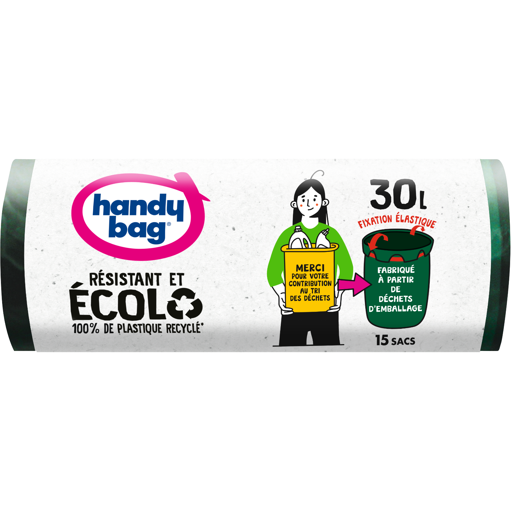 Sacs poubelle Handy Bag Écolo Fixation Élastique 30 litres 15 sacs