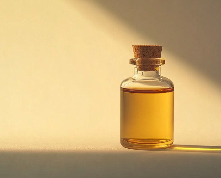 Flacon en verre contenant de l’huile dans une lumière douce