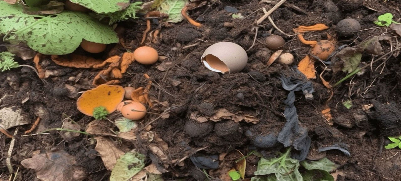 Compost de déchets de jardin illustrant des coquilles d’œufs