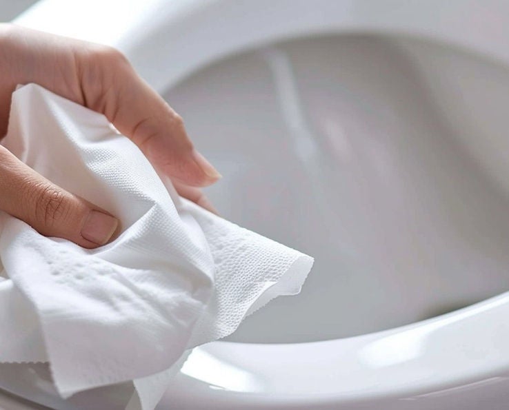 Main tenant une lingette au-dessus du bol de toilette