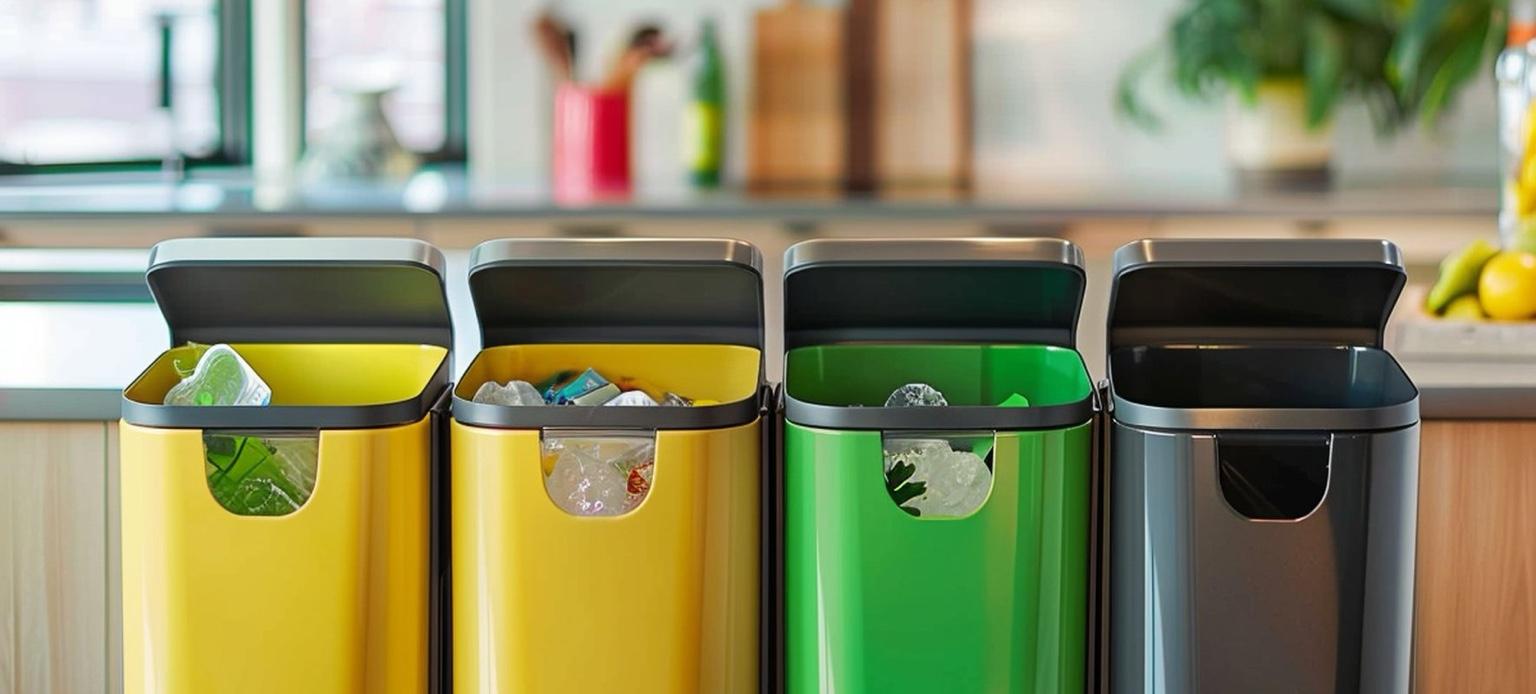 Bacs de tri sélectif jaunes, verts et noirs alignés sur un plan de travail de cuisine