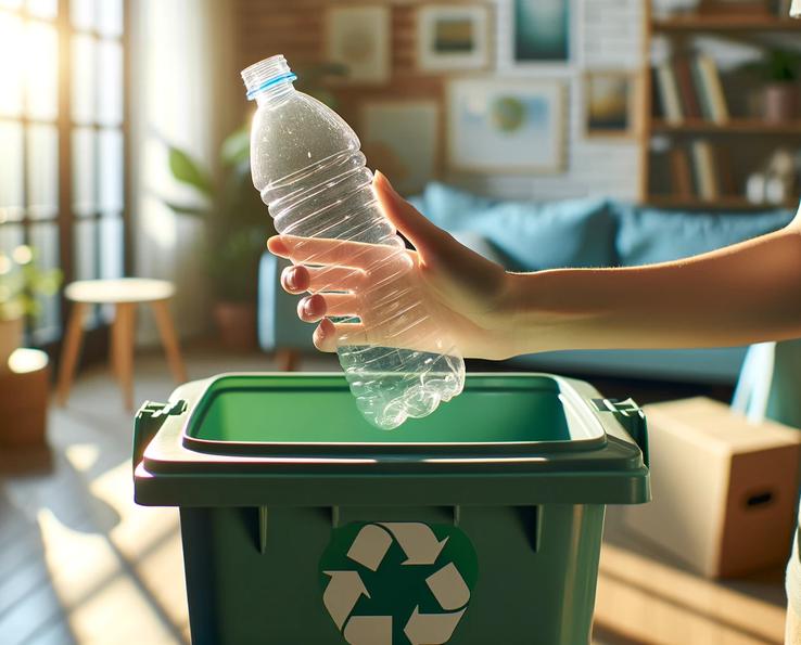 Une main tient une bouteille plastique au-dessus d’un bac de recyclage