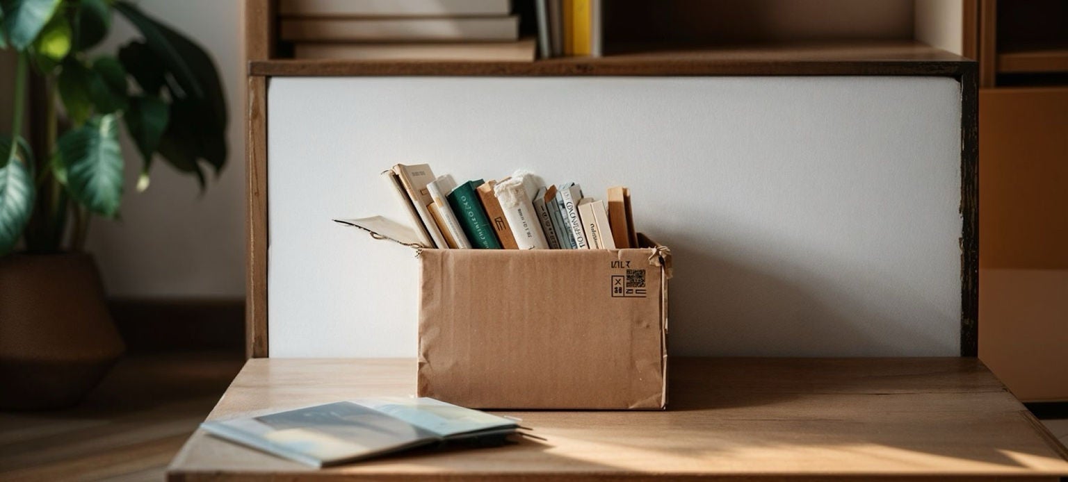 Carton de livres posé sur une table en bois à l’intérieur