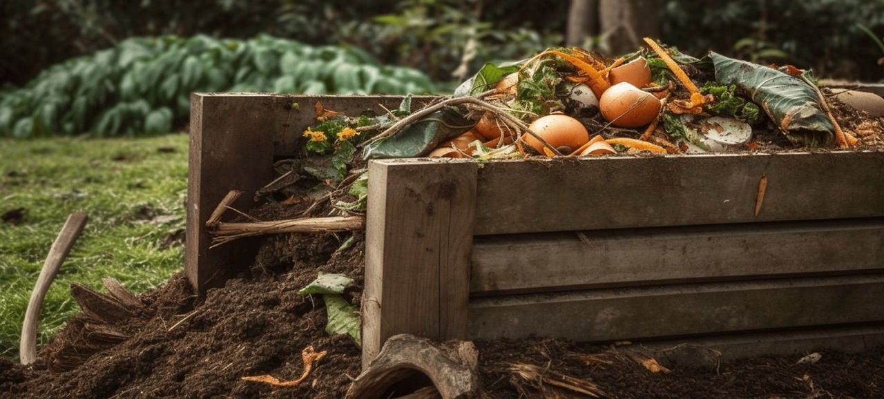 Vue rapprochée d’un composteur domestique rempli d’épluchures d’œufs et de feuilles organiques