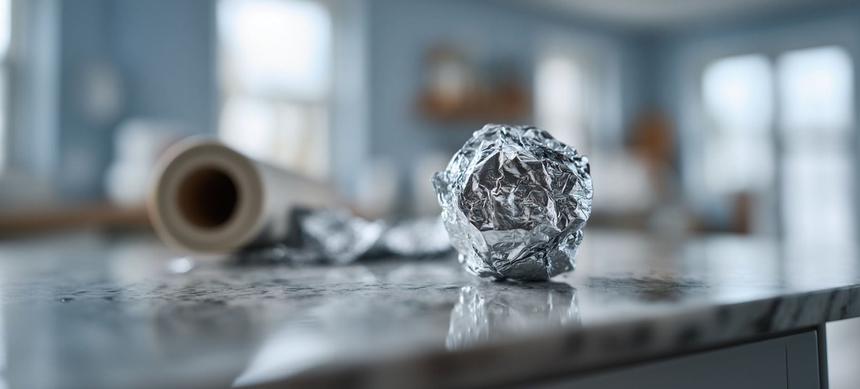 Boule de papier aluminium posée sur un plan de travail avec un rouleau en arrière-plan flou