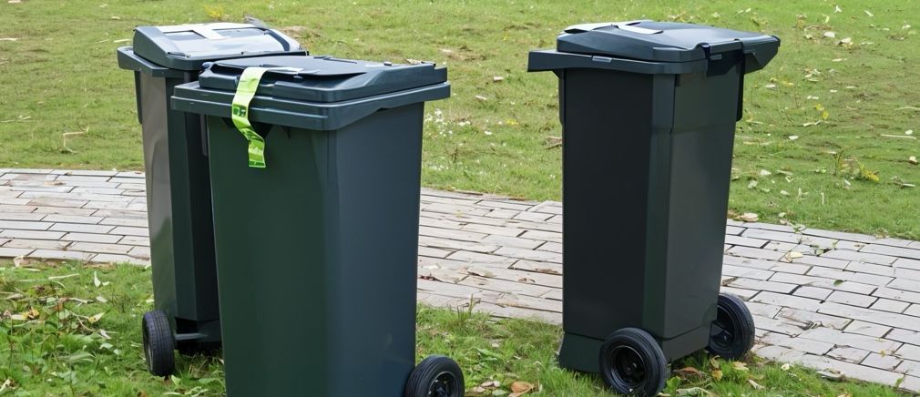 Poubelles vertes disposées sur une pelouse de parc