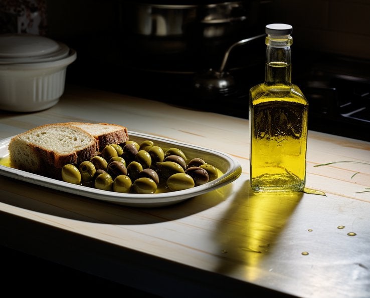 Bouteille d’huile d’olive posée à côté d’olives et de tranches de pain sur un plan de travail de cuisine