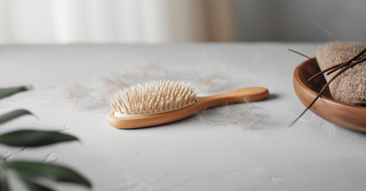 Brosse pour cheveux en bois posée sur surface claire