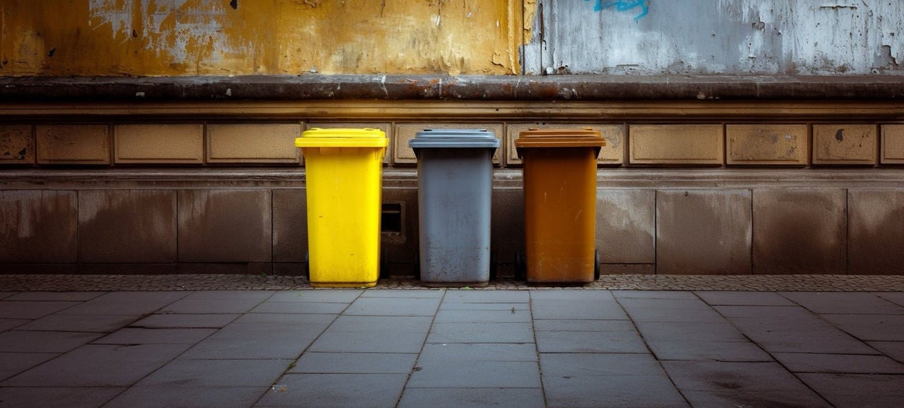 Trois poubelles Handybag pour tri sélectif devant un mur