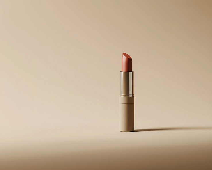 Rouge à lèvres nude terre cuite sur fond neutre