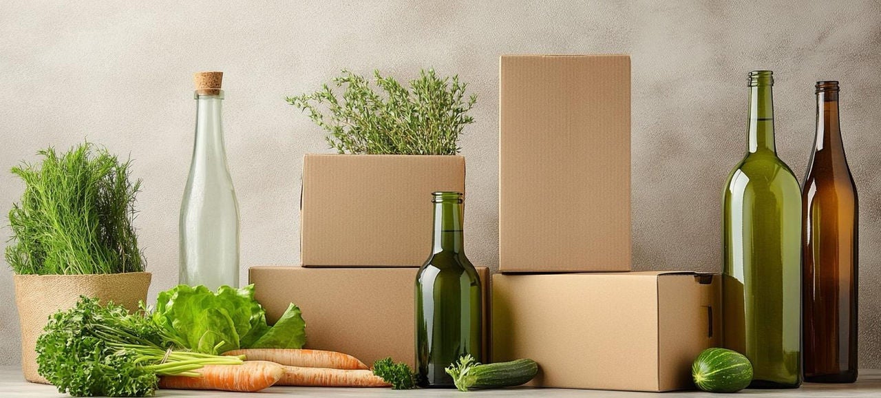 Cartons et bouteilles avec légumes frais ecoresponsable