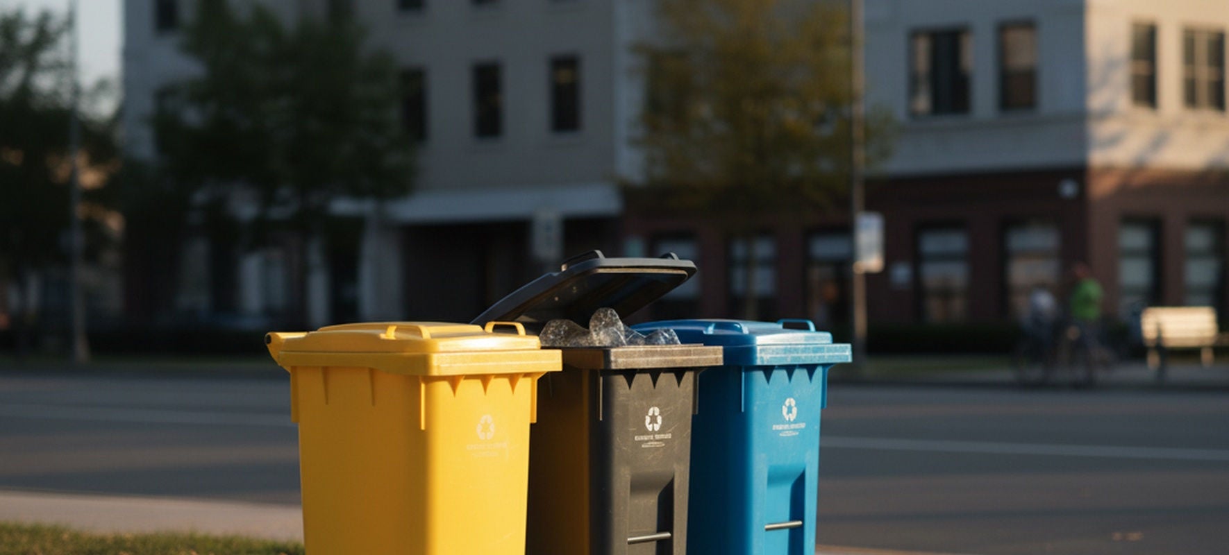 Des poubelles de tri sélectif de couleur jaune, grise et bleue sont disposées côte à côte sur un trottoir urbain, illustrant l’organisation du recyclage en milieu urbain