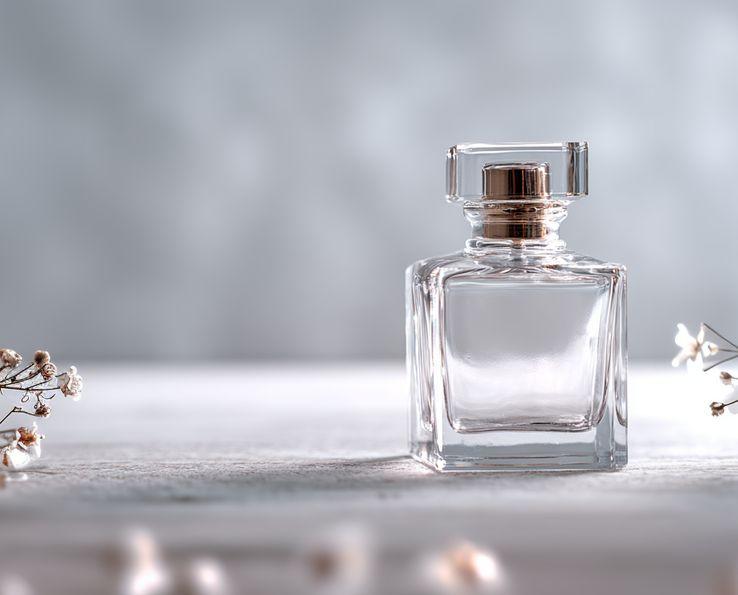 Bouteille de parfum en verre avec délicate mise en scène florale