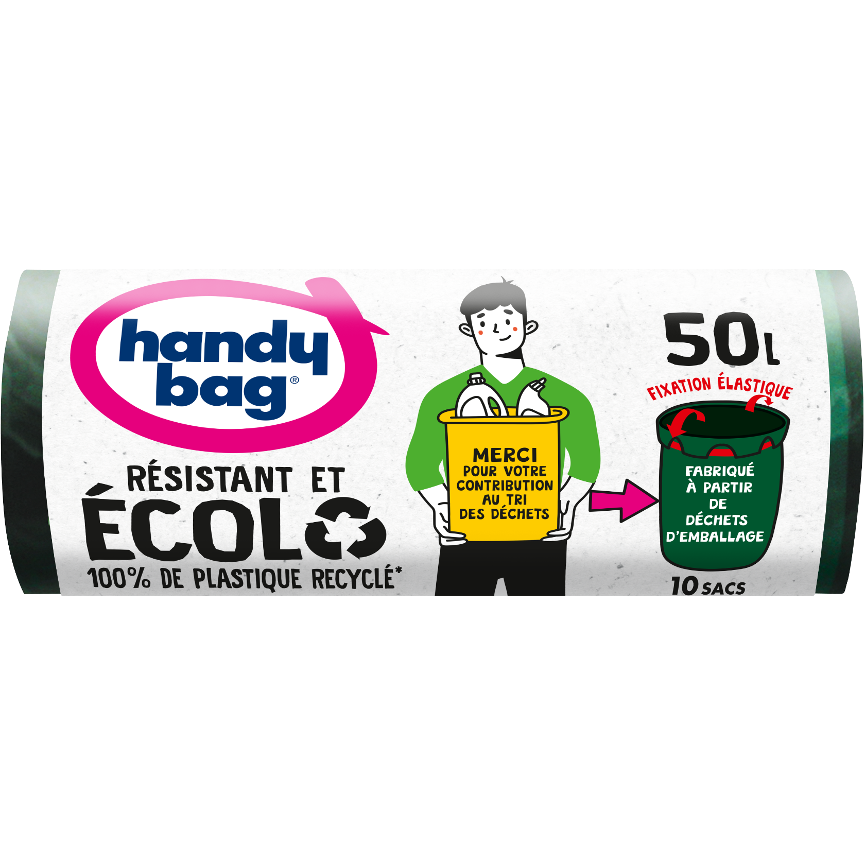 Sacs poubelle Handy Bag Écolo Fixation Élastique 50 litres 10 sacs