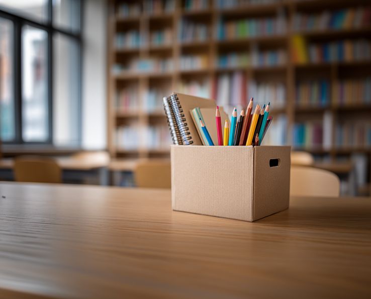 Boîte en carton contenant crayons et carnets sur table de bibliothèque