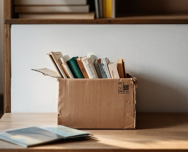 Carton de livres posé sur une table en bois à l’intérieur