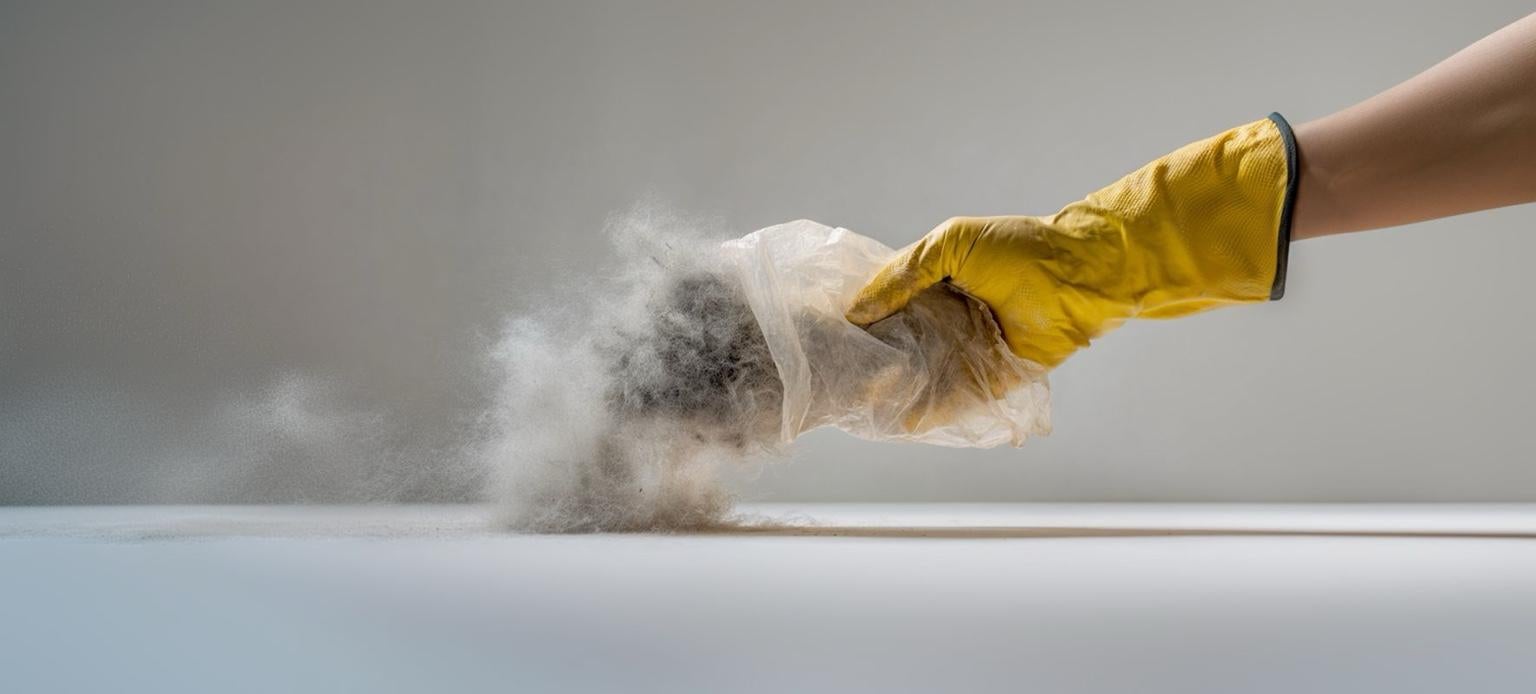 Gant en latex tenant un sac aspirateur pour poussière en gros plan