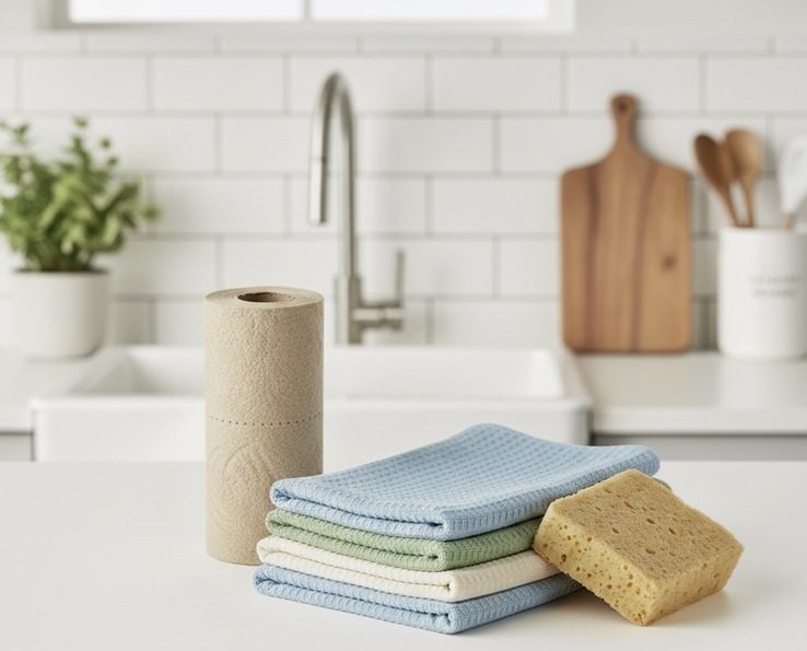 Chiffons de cuisine empilés avec éponge et rouleau d’essuie-tout posés sur un plan de travail