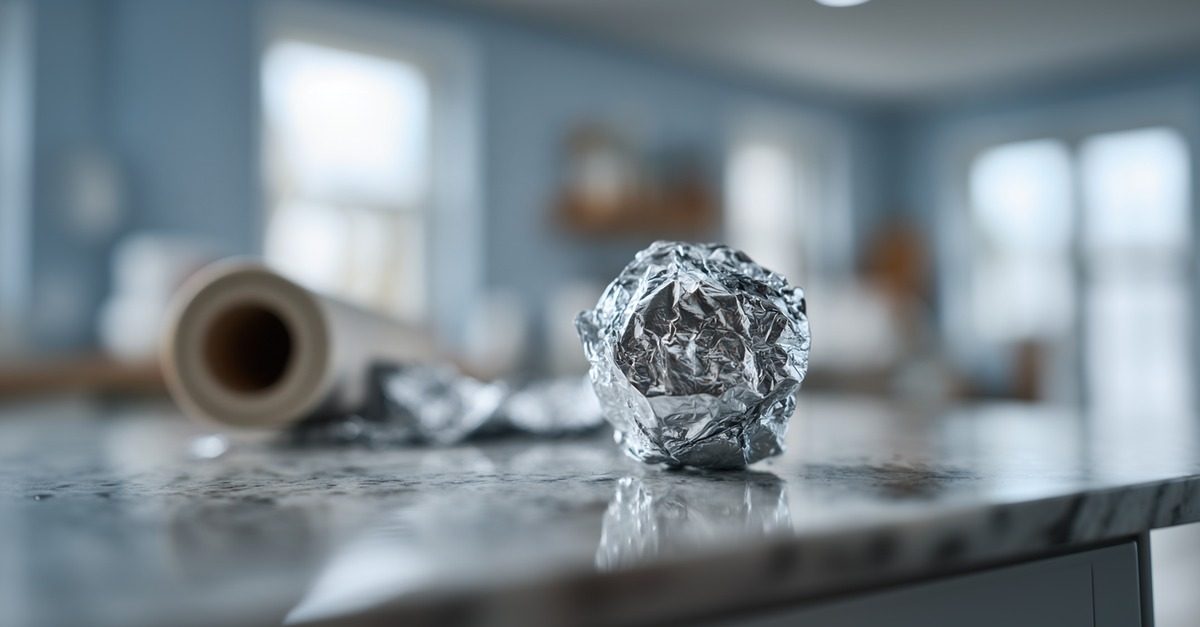 Boule de papier aluminium posée sur un plan de travail avec un rouleau en arrière-plan flou