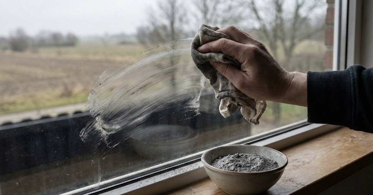 Main essuyant une vitre avec un chiffon, bol de poudre grise posé sur le rebord