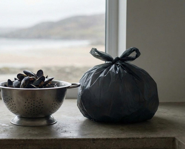 Passoire de moules et sac poubelle noir posés sur un plan de travail près d’une fenêtre