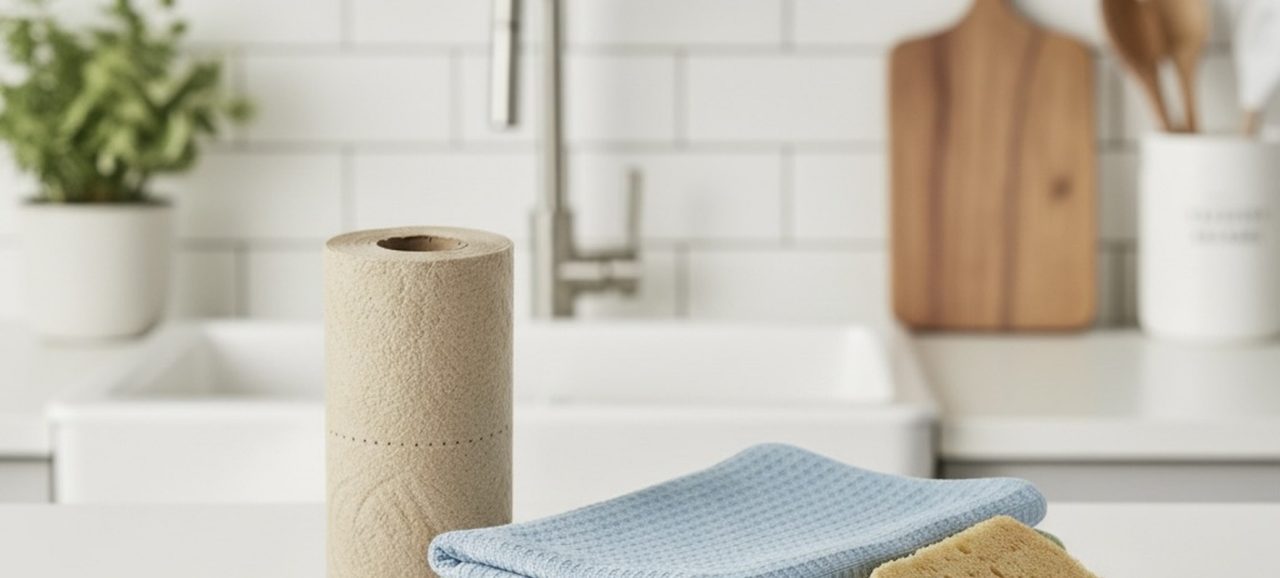 Chiffons de cuisine empilés avec éponge et rouleau d’essuie-tout posés sur un plan de travail