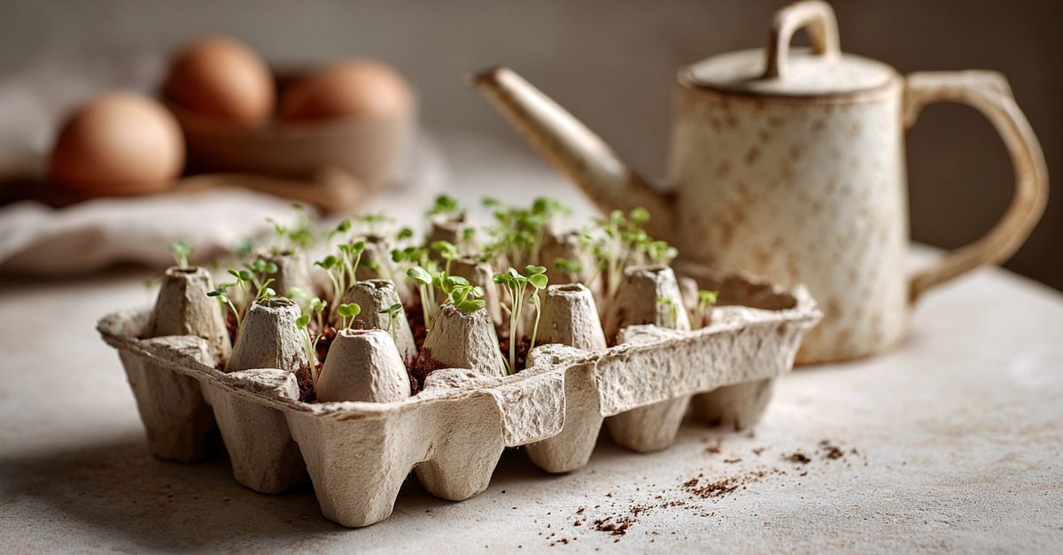 Jeunes pousses dans une boîte d’œufs en carton, sur une table lumineuse avec un arrosoir flou à l’arrière-plan