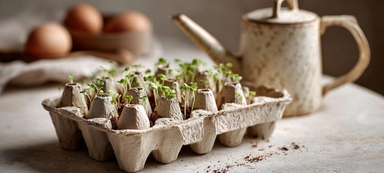 Jeunes pousses dans une boîte d’œufs en carton, sur une table lumineuse avec un arrosoir flou à l’arrière-plan