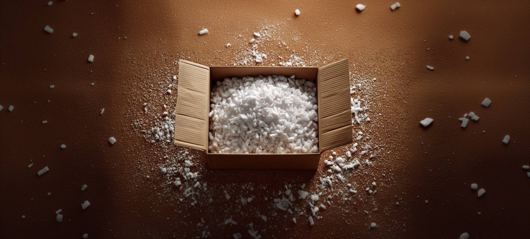 Carton d’expédition ouvert rempli de polystyrène de calage blanc, éparpillé sur une surface brune