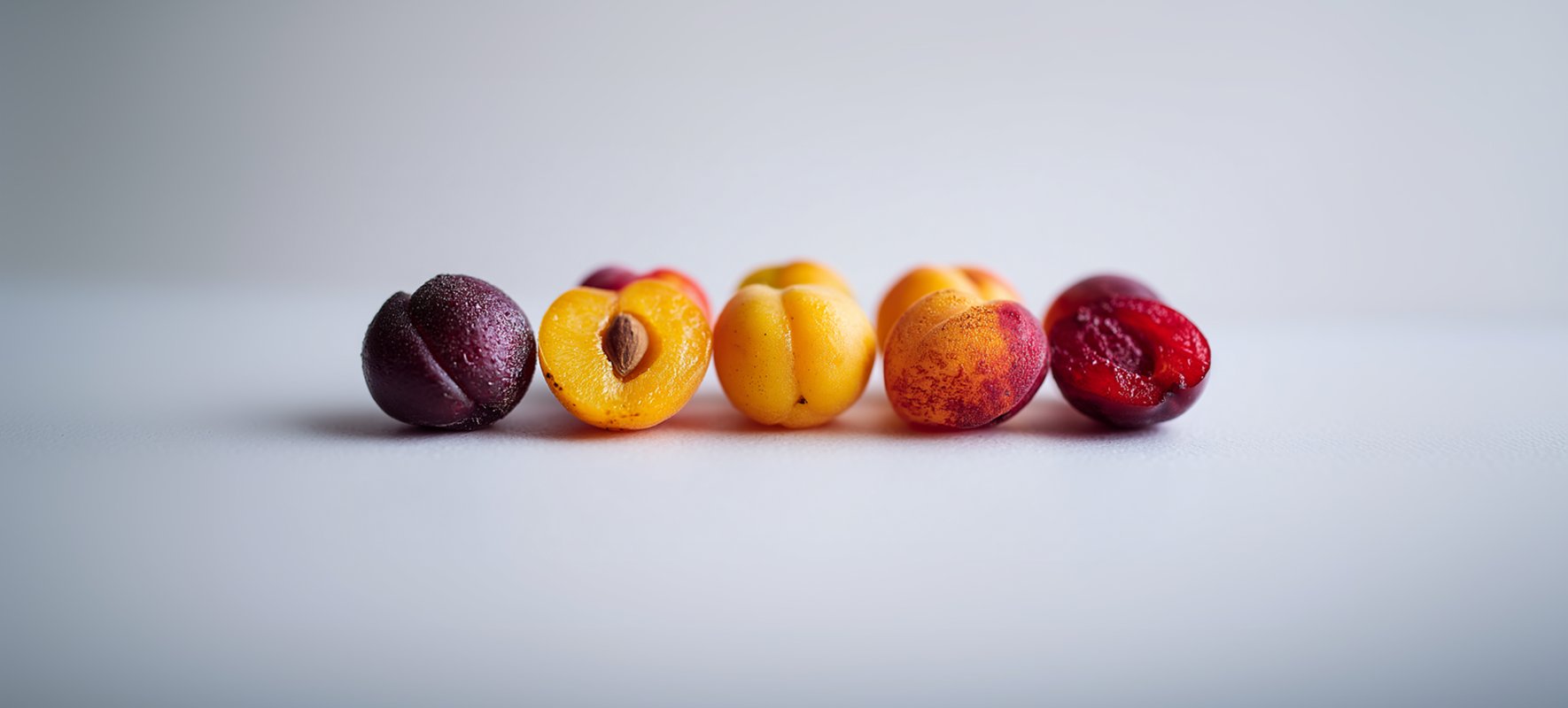 Alignement de demi-fruits et noyaux d’abricot, pêche et cerise sur fond blanc