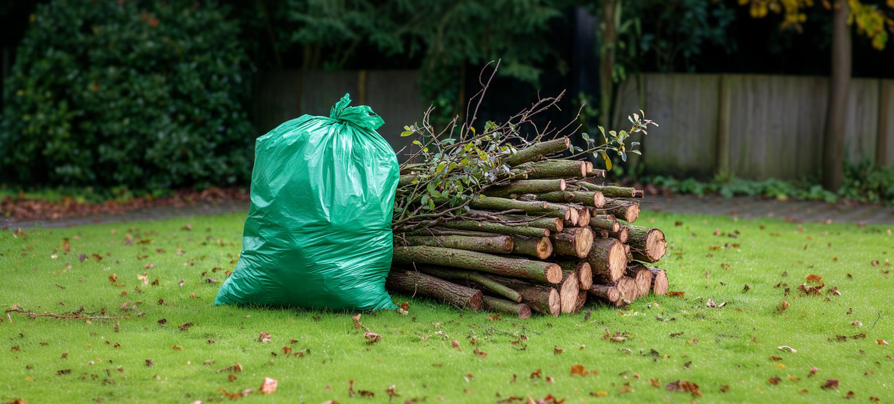 Sac vert de jardin posé sur pelouse à côté de branches coupées